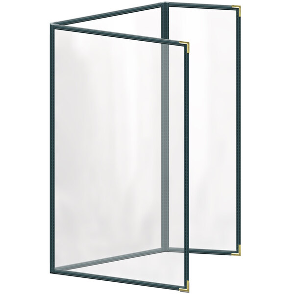 A white rectangular menu cover with gold corners and black lines.