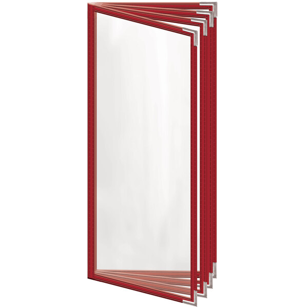 A red rectangular menu cover with a glossy finish and silver corners.