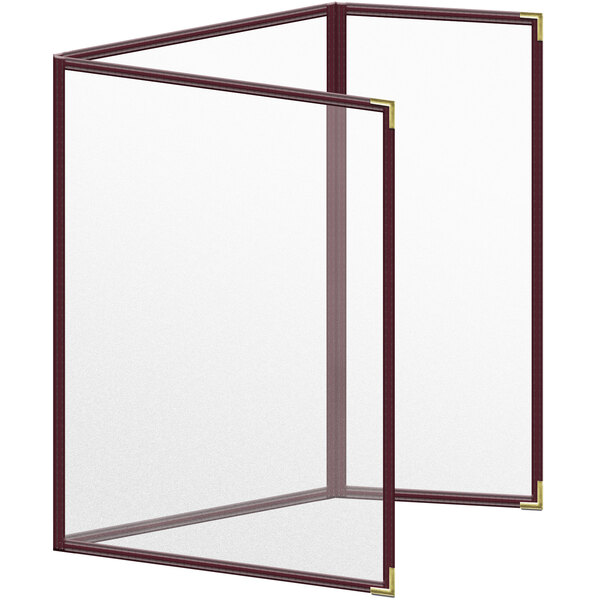 A white rectangular menu cover with a maroon border and gold corners.