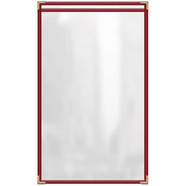 A white rectangular menu cover with red trim.