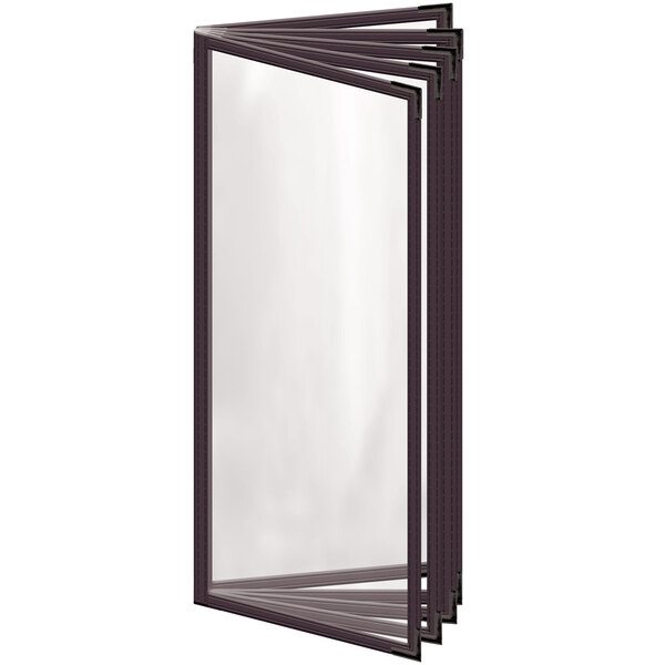 A brown H. Risch, Inc. vinyl menu cover with black smooth corners and a gloss finish.