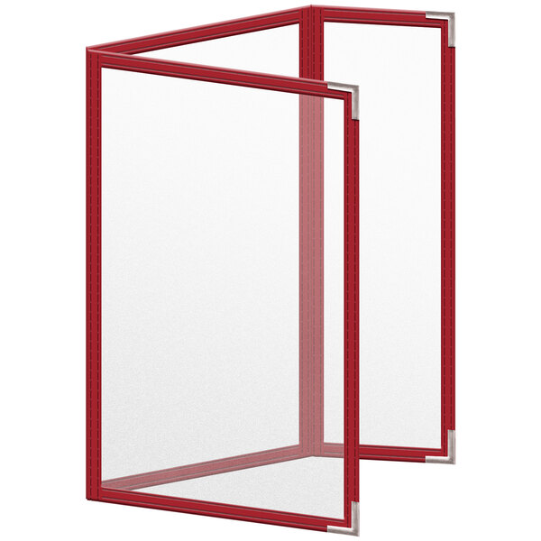 A red rectangular menu cover with silver corners and a matte finish with white border.