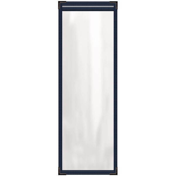 A white rectangular menu cover with black trim and blue stitching.