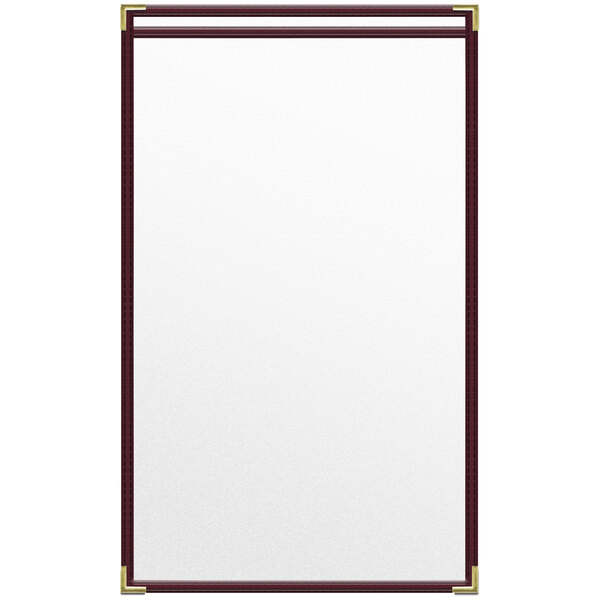 A maroon vinyl menu cover with gold corners and a matte finish.