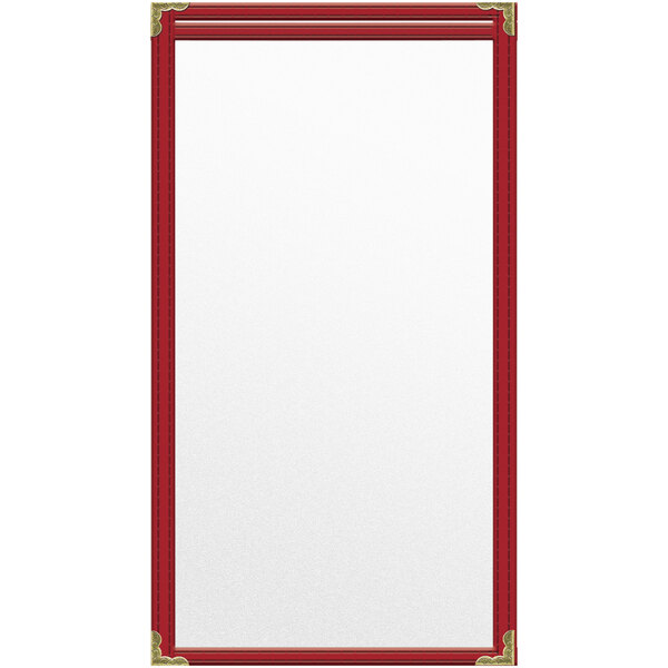 A red frame with gold decorative corners over a white background.