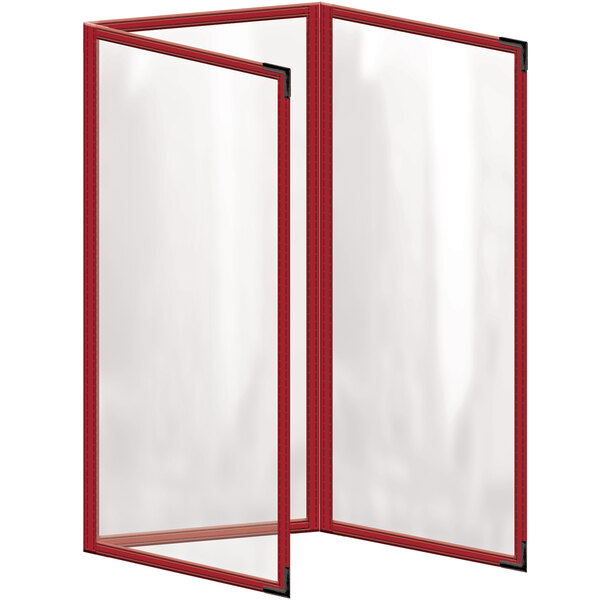 A red and white H. Risch, Inc. vinyl menu cover with black smooth corners.