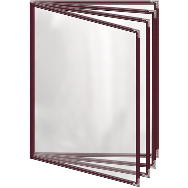 A rectangular maroon menu cover with silver decorative corners and a gloss finish.