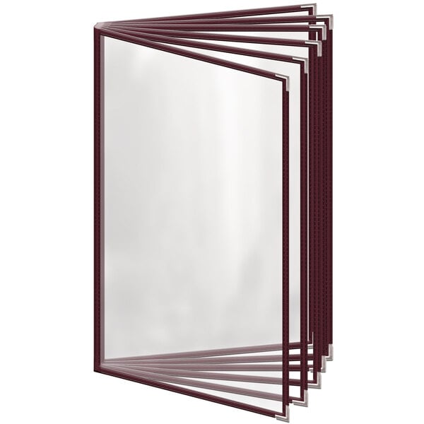 A stack of four maroon, clear plastic menu covers with silver corners.