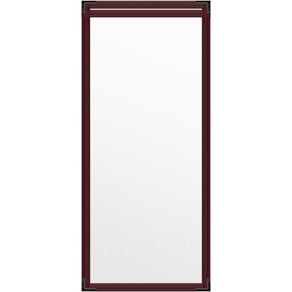 A maroon rectangular menu cover with black corners and a matte finish.