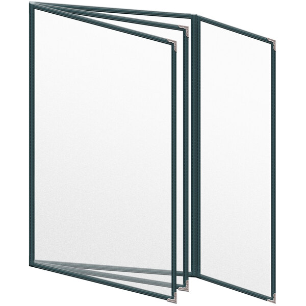 A H. Risch, Inc. green vinyl menu cover with silver decorative corners and a matte finish with a white background.