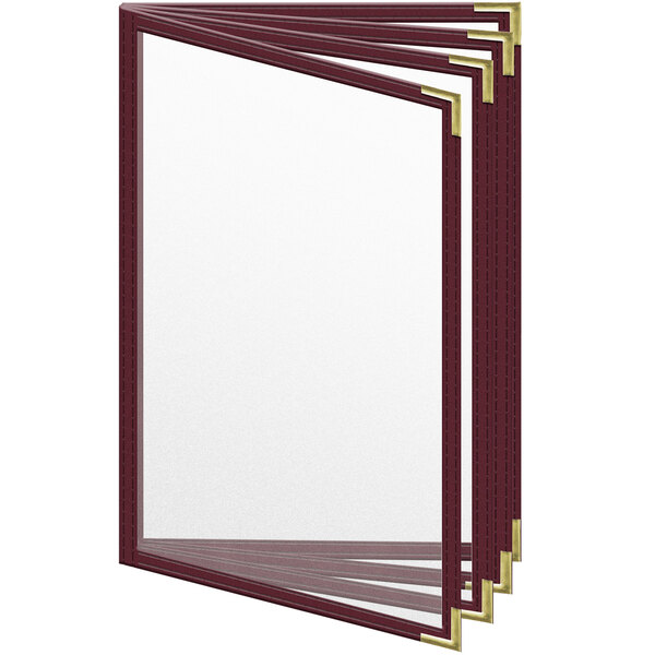 A maroon menu cover with gold corners and trim.