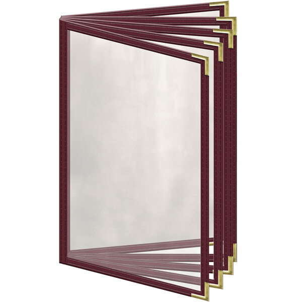A maroon H. Risch, Inc. menu cover with gold corners and trim.