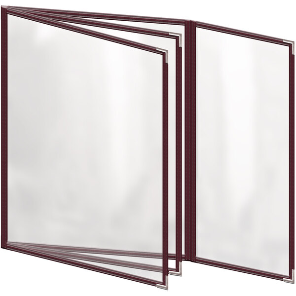 A close-up of a maroon rectangular menu cover with a red border and silver corners.