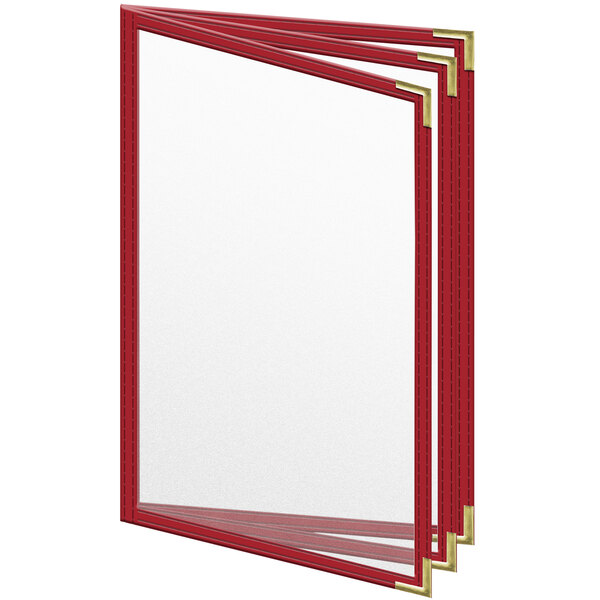 A red H. Risch, Inc. menu cover with gold smooth corners and trim.