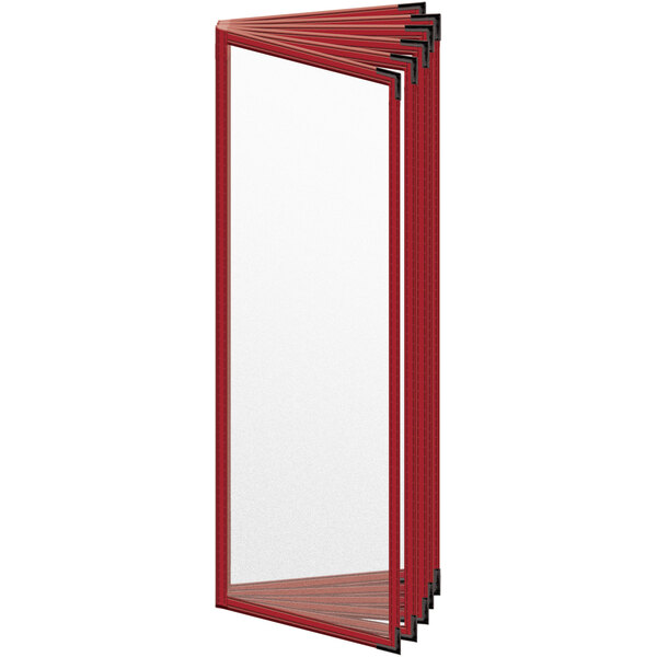 A red rectangular H. Risch, Inc. vinyl menu cover with black rods and a white background.