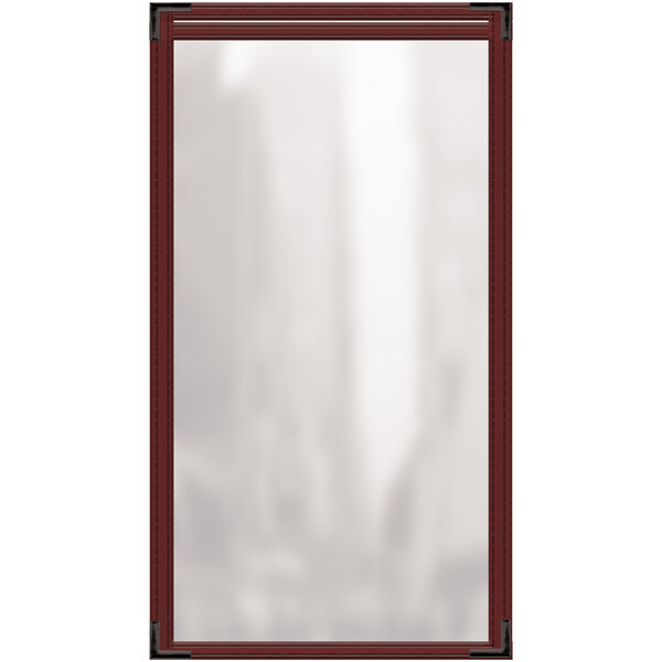 A rectangular maroon vinyl menu cover with black smooth corners and a glossy finish.