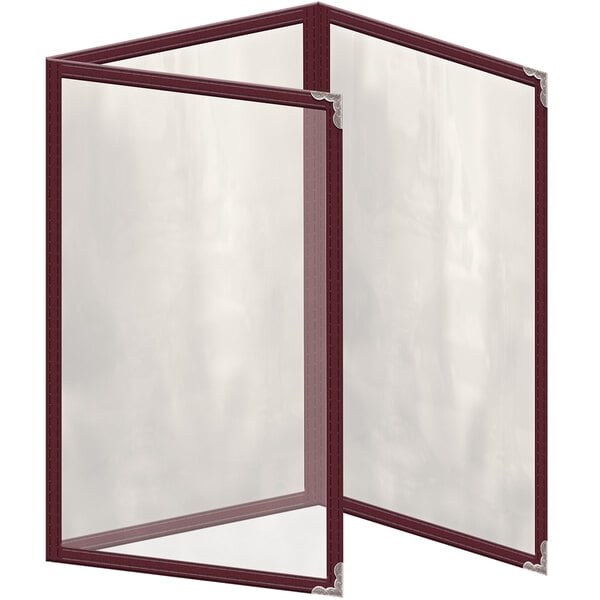 A maroon vinyl menu cover with silver decorative corners and a glossy finish.