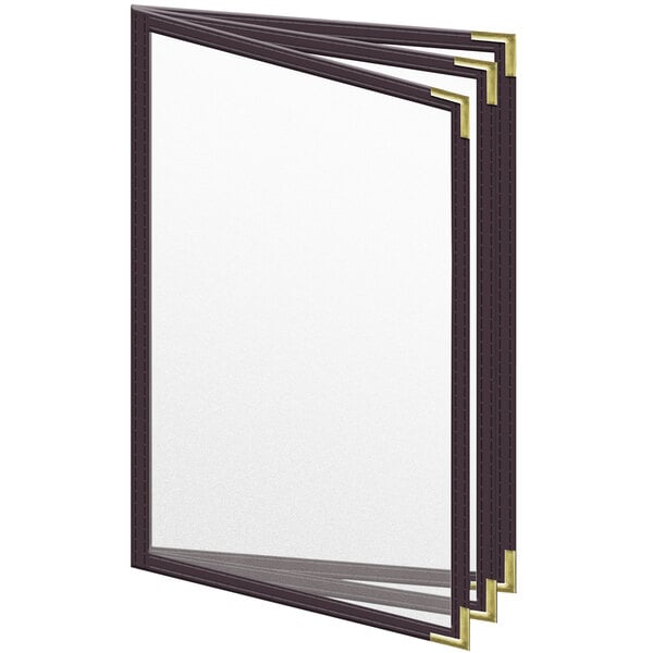 A brown vinyl menu cover with gold smooth corners and a matte finish.