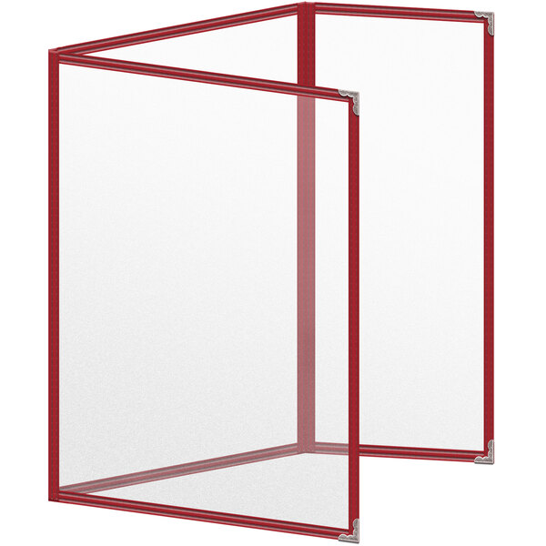 A red menu cover with silver decorative corners and a matte finish.