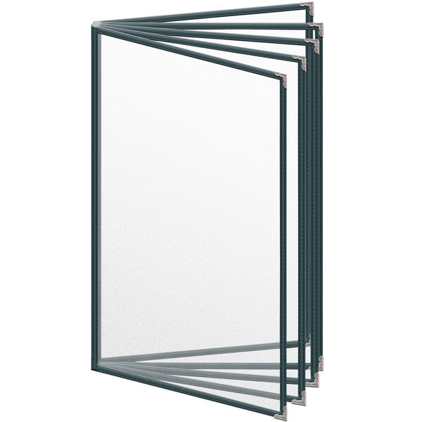 A group of green H. Risch, Inc. vinyl menu covers with silver decorative corners.