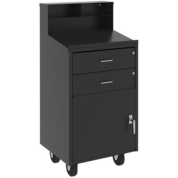 A black Valley Craft mobile shop desk with an enclosed base.