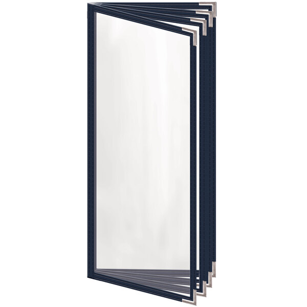 A close-up of a blue menu cover with silver corners and a gloss finish.