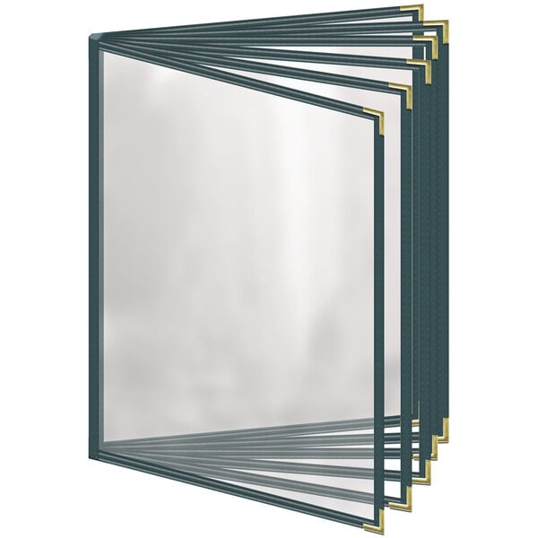 A stack of folders with a green vinyl menu cover with gold smooth corners and a gloss finish.