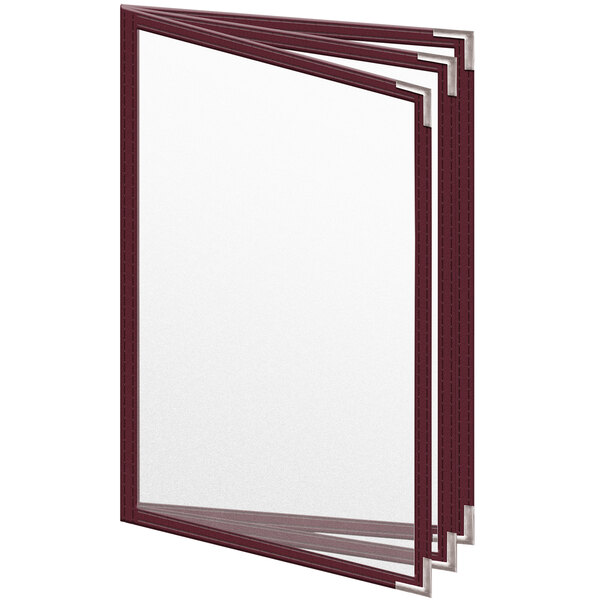 A stack of maroon H. Risch, Inc. menu covers with silver smooth corners and a matte finish.
