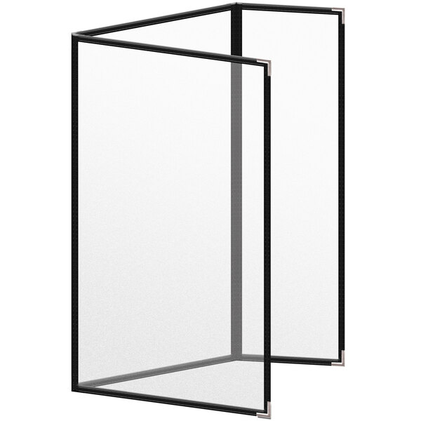 A black rectangular menu cover with silver corners and a matte finish.