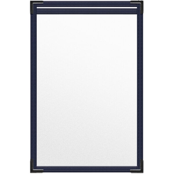 A blue vinyl menu cover with black smooth corners.