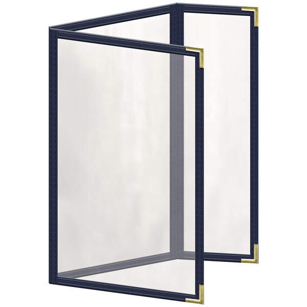 A blue H. Risch menu cover with gold smooth corners and a glossy finish with 6 views.