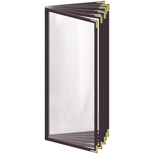 A close-up of a H. Risch, Inc. brown vinyl menu cover with gold smooth corners and a gloss finish.