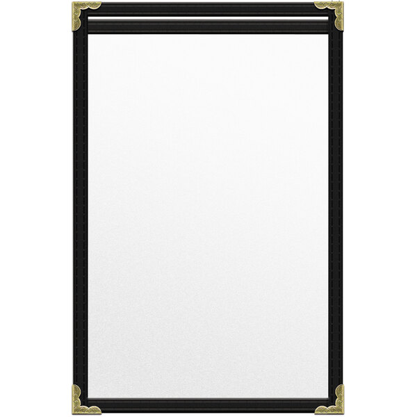 A black rectangular menu cover with gold decorative corners.