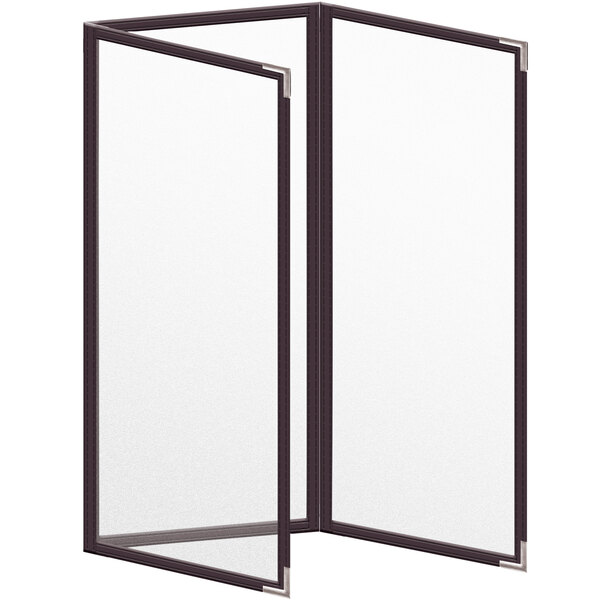 A white rectangular menu cover with black smooth corners and black lines.