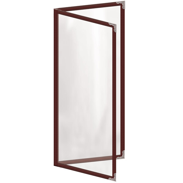 A maroon menu cover with silver decorative corners and a gloss finish.