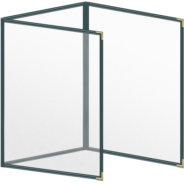 A white rectangular menu cover with gold corners and a matte finish.