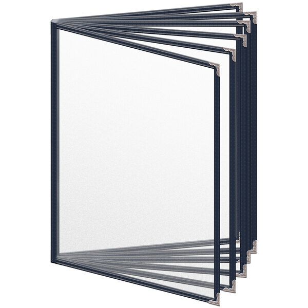 A group of blue H. Risch, Inc. vinyl menu covers with silver decorative corners.