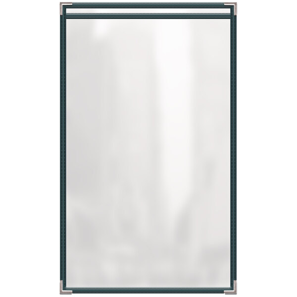 A green vinyl menu cover with silver smooth corners and gloss finish.