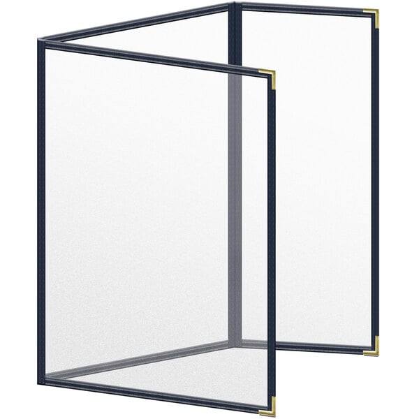 A blue rectangular menu cover with gold corners and black borders.