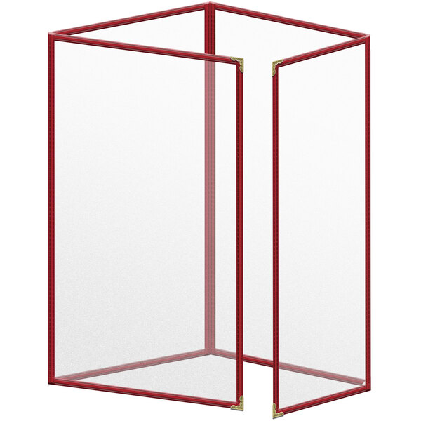 A red rectangular vinyl menu cover with gold decorative corners.