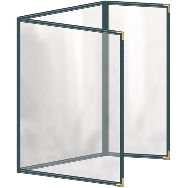 A white rectangular menu cover with a glossy finish and gold corners.