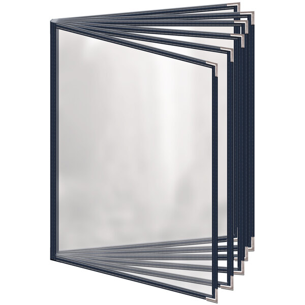 A stack of H. Risch, Inc. blue vinyl menu covers with clear sleeves and silver corners.