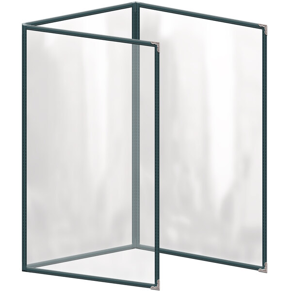 A green vinyl menu cover with silver decorative corners and a clear surface.
