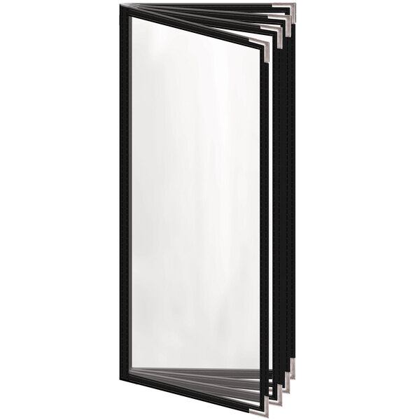 A black rectangular H. Risch menu cover with silver corners and a gloss finish.