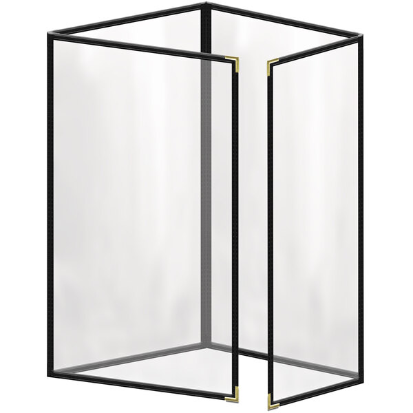 A white rectangular menu cover with black border and gold corners.