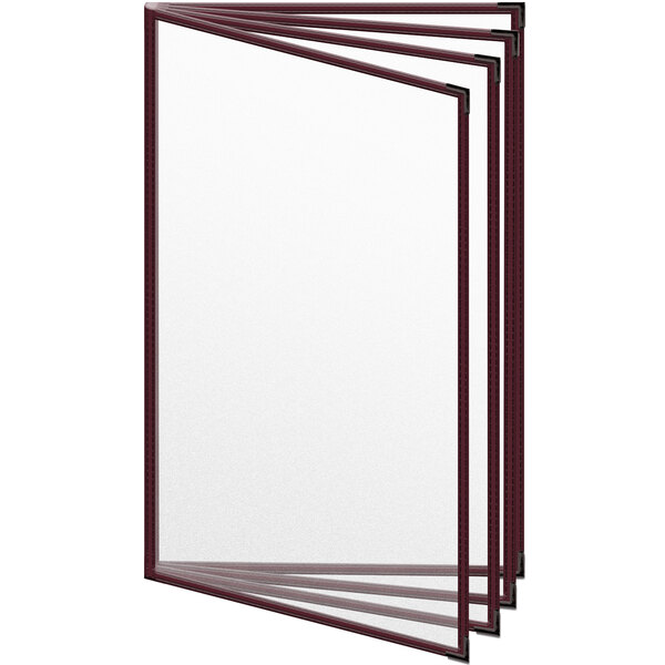A close-up of a H. Risch, Inc. maroon menu cover with black smooth corners and matte finish.