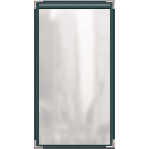 A green rectangular vinyl menu cover with silver smooth corners and a gloss finish.