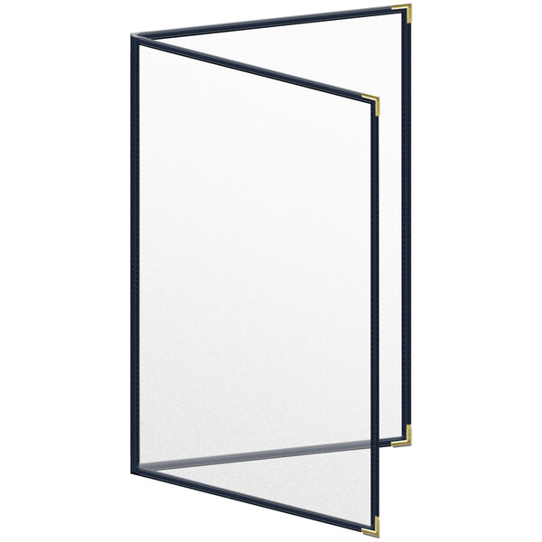 A blue menu cover with gold corners and a black border.