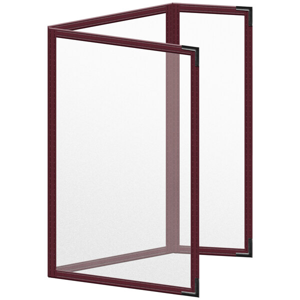 A maroon menu cover with black corners and a matte finish.