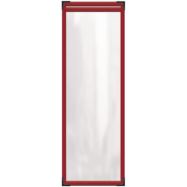 A rectangular red menu cover with a white background and black corners.